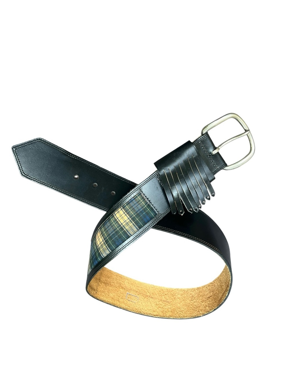 Black Leather Belt with Plaid Inlay and Leather Fringe Detail Punk